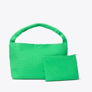 Susana Monaco Woven Shoulder Hobo Bag Zing Neon Green Matching Pouch Large NEW